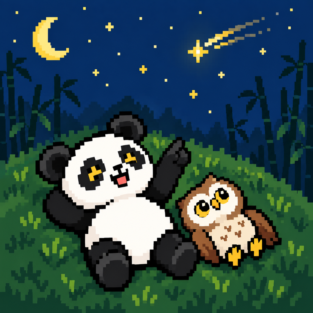 Pixel panda and owl watching a shooting star in a bamboo forest